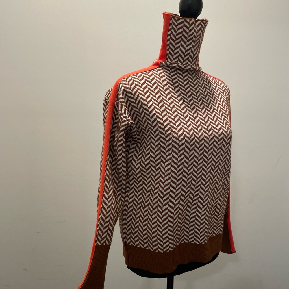 Women’s Pullover Sweater Size S Brown White Orange HighNeck Classic Herringbone - Picture 1 of 11